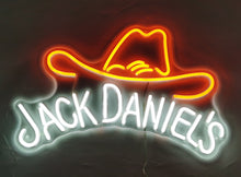 Load image into Gallery viewer, Jack Daniel’s neon bar sign with a cowboy hat design, ideal for whiskey bars, lounges, and rustic pub decor.