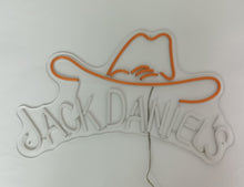 Load image into Gallery viewer, Jack Daniel’s neon sign featuring a cowboy hat, perfect for whiskey lovers, bars, and rustic-themed decor.