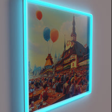 Load image into Gallery viewer, Harmonious gathering of people under vibrant color changing neon lights.