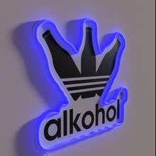 Load image into Gallery viewer, Modern bar decoration with colorful, illuminated 'Alkohol' neon lettering.