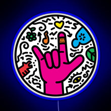 Load image into Gallery viewer, ASL sign for I love you Pop Art Style White RGB neon sign blue