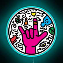 Load image into Gallery viewer, ASL sign for I love you Pop Art Style White RGB neon sign lightblue