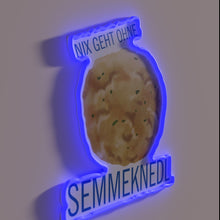 Load image into Gallery viewer, Vibrant RGB glow illuminates traditional German-inspired 'Bavarian Bread Dumpling' decorative sign.