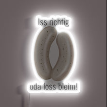Load image into Gallery viewer, Traditional German-Style Bavarian Veal Sausages Illuminated in Vibrant Neon Signage