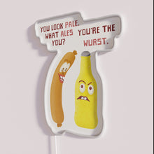 Load image into Gallery viewer, Laughing at German brew culture with colorful beer ale bratwurst pun.