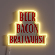 Load image into Gallery viewer, Colorful neon sign featuring beer, bacon, and bratwurst in vibrant hues
