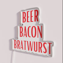 Load image into Gallery viewer, Neon beer bar decorations featuring bacon bratwurst illuminated RGB signs.
