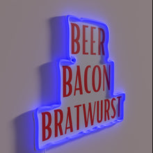 Load image into Gallery viewer, Vibrant RGB neon sign featuring beer bacon bratwurst iconic trio.