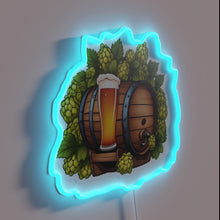 Load image into Gallery viewer, Vibrant LED beer barrel with colorful hop accents lit up.