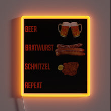 Load image into Gallery viewer, Vibrant Neon Sign Reads 'Beer Bratwurst Schnitzel Repeat' in Bold Letters