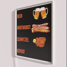 Load image into Gallery viewer, Vibrant Beer Bratwurst Schnitzel Quote with Funny Repeated Motif Sign