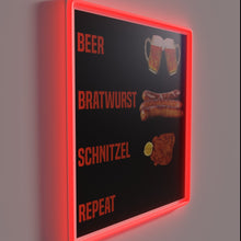 Load image into Gallery viewer, Neon bar sign featuring playful beer-themed bratwurst and schnitzel design