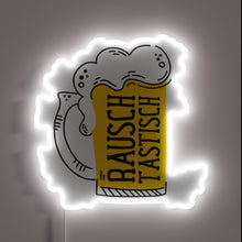 Load image into Gallery viewer, Neon-lit beer garden essentials with colorful mug and wooden barrel.