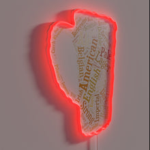 Load image into Gallery viewer, Vibrant neon beer word cloud sign for home bar decor.