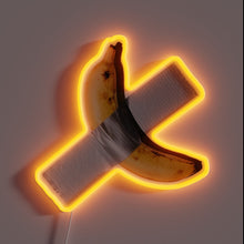 Load image into Gallery viewer, Banana duct tape art neon sign with orange LED glow