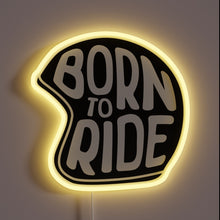 Load image into Gallery viewer, "Born to Ride" neon sign shaped like a helmet – bold and biker-inspired.