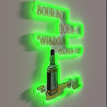Load image into Gallery viewer, RGB neon sign says 'Bourbon goes in wisdom comes out'