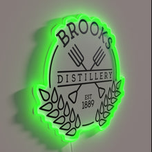 Load image into Gallery viewer, Vintage inspired neon sign with colorful RGB Brooks Distillery logo.