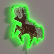 Load image into Gallery viewer, Whimsical rainbow-colored unicorn floats against a glowing neon background.