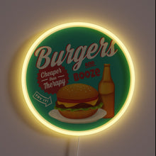 Load image into Gallery viewer, Neon Sign Reading 'Burgers and Booze' in Vibrant RGB Lighting