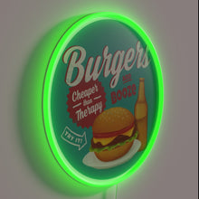 Load image into Gallery viewer, Neon bar sign featuring colorful burgers and drinks graphics