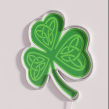 Load image into Gallery viewer, Celtic-inspired cloverleaf-shaped neon sign with colorful vibrant RGB lighting accents