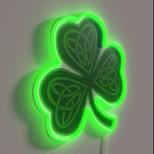 Load image into Gallery viewer, Celtic themed four leaf clover neon sign with colorful backlighting