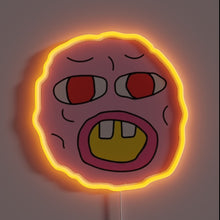 Load image into Gallery viewer, Neon sign of the Cherry Bomb logo with wild cartoon face and bold lines.