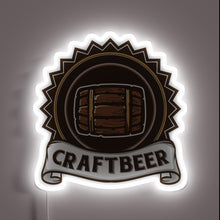 Load image into Gallery viewer, Vibrant wooden barrel-inspired craft beer bar decor with neon accents