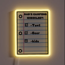Load image into Gallery viewer, Colorful neon sign reading 'Dad's Camping Checklist' in bold letters