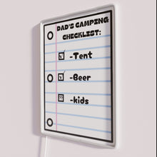 Load image into Gallery viewer, Vibrant LED Camping Essentials Checklist Sign for Dad's Outdoor Adventures Home