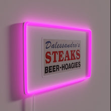 Load image into Gallery viewer, Vintage Philly-inspired Dalessandro's cheesesteak logo in bold rainbow LED lights.