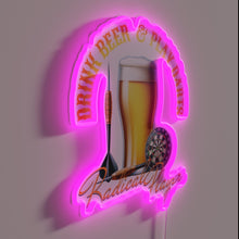 Load image into Gallery viewer, Neon bar decor featuring illuminated darts and cold beer logos.