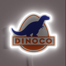 Load image into Gallery viewer, Dinoco neon sign with dinosaur logo – fun retro wall decor inspired by Disney Pixar’s Cars, perfect for kids’ rooms, garages, or movie-themed spaces