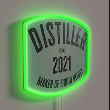 Load image into Gallery viewer, RGB Neon Sign: 'Distiller Maker of Liquid Velvet' Artisanal Crafted Logo