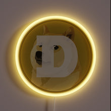 Load image into Gallery viewer, Alt text: "Neon sign of the Dogecoin logo featuring the Shiba Inu dog inside a glowing yellow circle with a bold 'D' overlay."