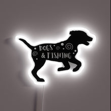 Load image into Gallery viewer, Colorful Neon Sign Featuring Dogs and Fishing Gear Illustrations.