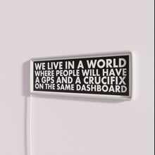 Load image into Gallery viewer, Retro-Style Neon Sign Featuring GPS and Crucifix Symbolism Illuminated