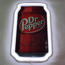 Load image into Gallery viewer, Dr Pepper can neon sign glowing dynamically, with its bold red and white lights creating a fun, retro-inspired ambiance