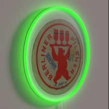 Load image into Gallery viewer, Authentic East German beer coaster pub decor in vibrant RGB lighting.