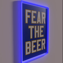 Load image into Gallery viewer, Bright blue beer-themed neon sign with 'Fear The Beer' lettering