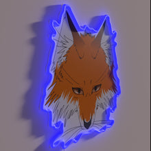 Load image into Gallery viewer, Vintage rustic fox head illuminated by colorful RGB neon lighting