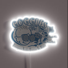 Load image into Gallery viewer, Vibrant RGB lighting illuminates the entrance to Goggles Brew Pub