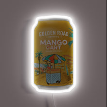 Load image into Gallery viewer, Golden Road Mango Cart wheat ale beer can neon sign with illustrated street vendor and palm trees in warm yellow tones