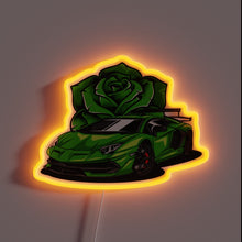Load image into Gallery viewer, Vibrant Green Lamborghini Rose-Shaped Neon Sign with Color-Changing RGB Lighting.