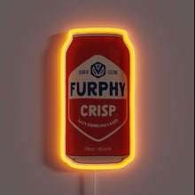 Load image into Gallery viewer, Vibrant hand-drawn Furphy Crisp can logo in neon RGB illumination.