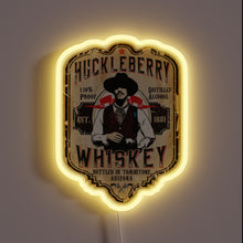 Load image into Gallery viewer, Retro Huckleberry Whiskey Sign with Vibrant Neon Accents and Typography