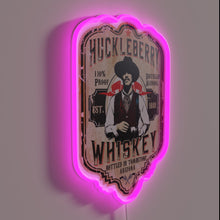 Load image into Gallery viewer, Glowing neon whiskey label design inspired by huckleberry flavors