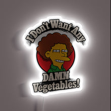Load image into Gallery viewer, Neon sign protesting vegetable addition to meals with bold colors.
