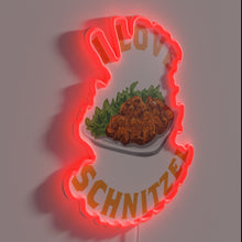 Load image into Gallery viewer, Neon Sign Displaying Rainbow Colored I Love Schnitzel Typography Letters